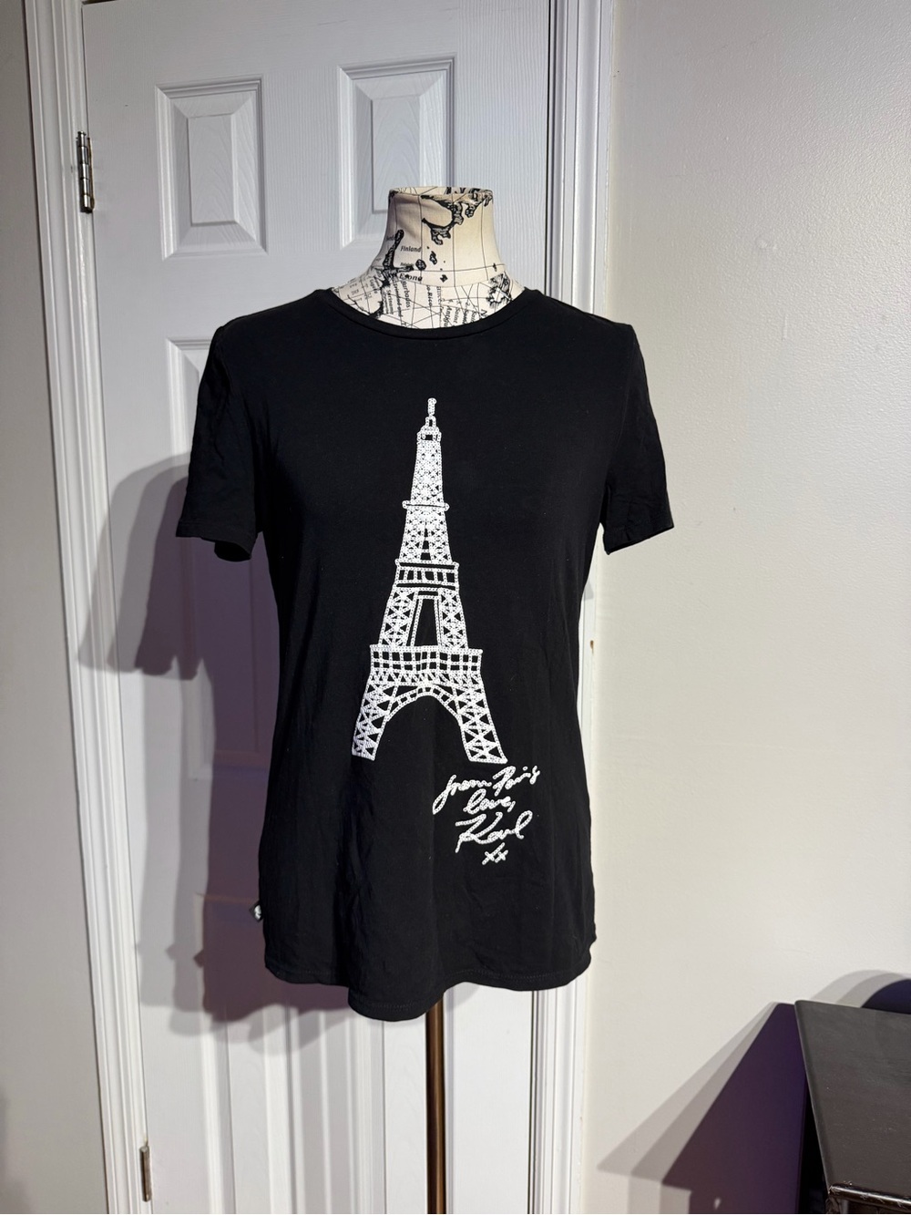 Karl Lagerfeld Eiffel Tower Paris cotton jersey embellish graphic S Black/White - Picture 2 of 5